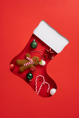 A vertical vibrant red Christmas sock cutout featuring festive ornaments like candy canes, a gingerbread man, and baubles, evoking holiday spirit and joyの写真素材