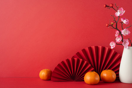 Chinese New Year 2025 festive setup featuring ripe tangerines, a decorative fan, and sakura branches on a vibrant red backgroundの写真素材