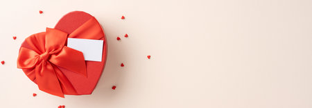 Heart-shaped red gift box with a satin bow on a beige background, ideal for Valentine's Day celebrations and romantic occasionsの写真素材