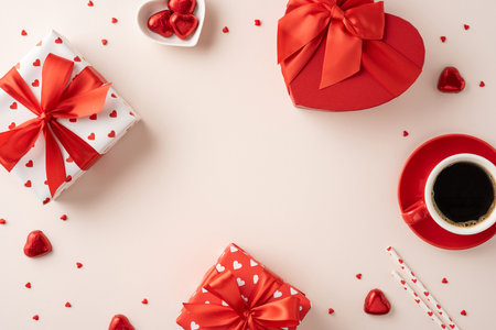 Top view of Valentine's gifts and a coffee cup surrounded by hearts. A perfect romantic settingの写真素材