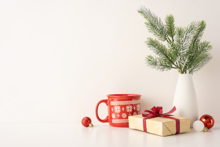 Festive Scandinavian Christmas side view scene featuring a wrapped gift, red ornament, and a pine branch in a vase. Perfect for capturing the essence of holiday cheer and minimalist winter decorの写真素材