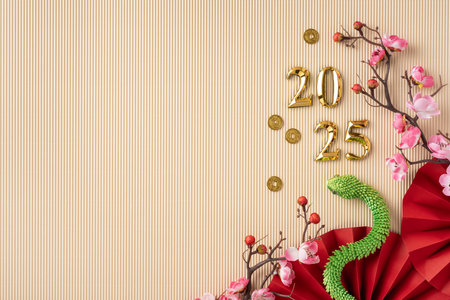 Celebrate the Chinese New Year 2025 with an elegant design featuring golden numbers, vibrant pink blossoms, and lucky coins. Perfect for festive decorations and holiday greetingsの写真素材