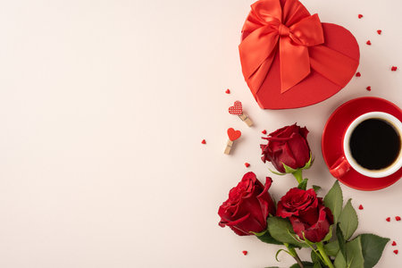 Heart-shaped gift box with red roses and coffee on a romantic Valentine's Day setting, symbolizing love and affectionの写真素材