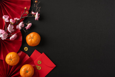 Festive Chinese New Year arrangement featuring oranges, red envelopes, gold coins, and cherry blossoms on a textured background symbolizing prosperity and good luckの写真素材