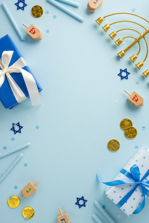 Festive Hanukkah vertical scene featuring wrapped gifts, menorah, dreidels, and coins on a blue backdrop, symbolizing the joyous holiday spiritの写真素材