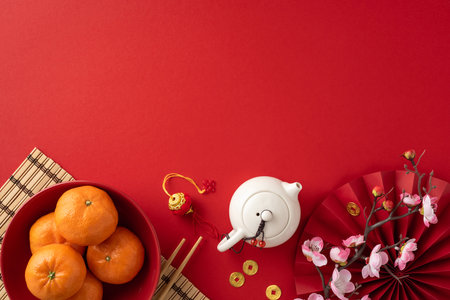 Flat lay of Chinese new year elements featuring oranges, a teapot, and flowers on a red background, symbolizing prosperity and celebrationの写真素材