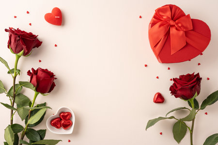 A romantic Valentine's Day setting featuring red roses, heart-shaped chocolates, and a gift box on a light backgroundの写真素材