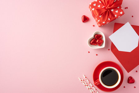 A romantic Valentine's Day setting featuring a wrapped gift, coffee, chocolates, and a card on a pink background. Perfect for expressing love and affection in a stylish wayの写真素材