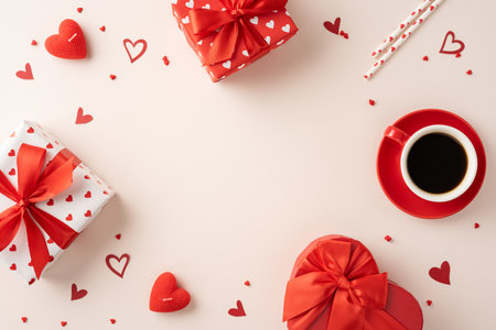Valentine's Day theme with beautifully wrapped gifts and a coffee cup on a pastel background, featuring hearts and a romantic atmosphereの写真素材