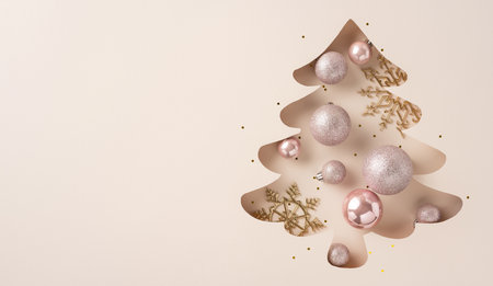 A stylish top view Christmas tree cutout design adorned with sparkling ornaments and golden decorations, set against a soft beige background creating a festive and elegant holiday atmosphereの写真素材