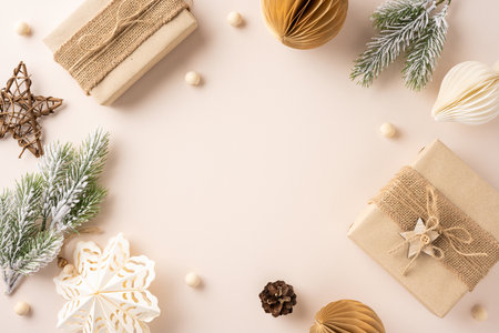 Top view of rustic Christmas gifts with natural decorations and pine branches. The warm tones and handcrafted elements create a cozy holiday atmosphereの写真素材