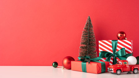 A side view of Christmas presents with decorative green bows, a mini tree, and a red toy truck against a red backgroundの写真素材