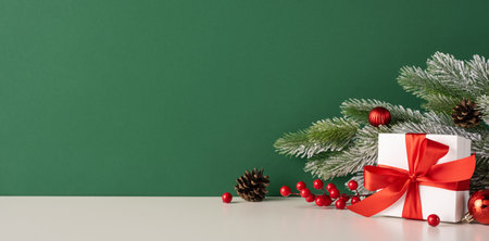 A beautifully wrapped gift with a red ribbon, set against a green backdrop, surrounded by pine branches and ornaments. Perfect for conveying the essence of Christmas and the holiday seasonの写真素材