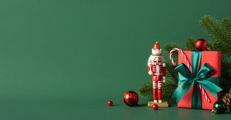 A charming Christmas scene featuring a nutcracker and a wrapped gift box with green ribbon against a green background. Perfect holiday decoration theme with baubles and fir branchesの写真素材