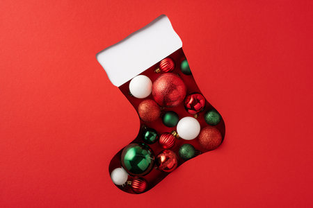 Festive Christmas sock cutout filled with colorful ornaments on a vibrant red backdrop, capturing the essence of holiday cheer and creative decorationの写真素材