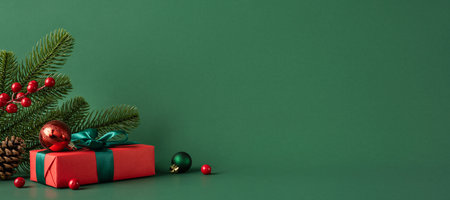 Festive Christmas gift wrapped in red with pine branches and ornaments on a green background, embodying the spirit of the holiday seasonの写真素材