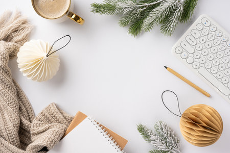A cozy winter workspace setup featuring a keyboard, coffee, decorative ornaments, and green branches, evoking a warm and inviting atmosphereの写真素材