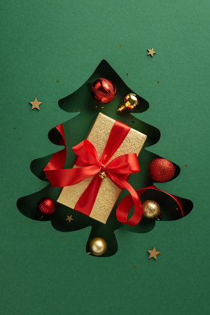 A creative vertical cutout of a Christmas tree with a gift box tied with a red ribbon and surrounded by ornaments, evoking holiday cheer and festive spiritの写真素材