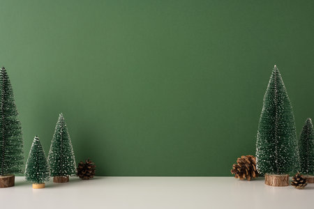 Winter-themed side view image featuring a minimalist tabletop display with small pine trees and pine cones against a green backgroundの写真素材