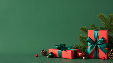 Red Christmas presents with green bows are arranged with pine cones and baubles on a festive green background, evoking a holiday spiritの写真素材