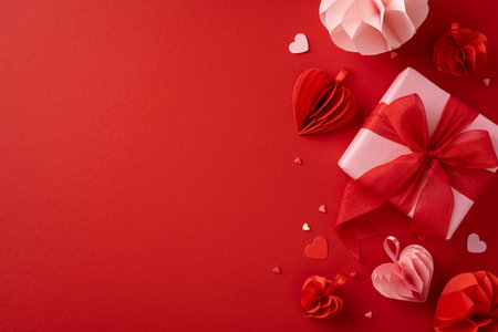 A beautifully wrapped Valentine's Day gift with a red ribbon surrounded by heart-shaped decorations on a red backgroundの写真素材