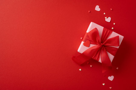 A beautifully wrapped red gift box with a ribbon surrounded by heart-shaped decorations on a vibrant red background conveys love and celebrationの写真素材