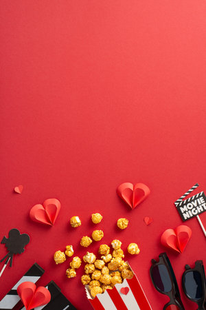 A vertical inviting setup for a romantic movie night on Valentine's Day featuring popcorn, paper hearts, and themed decorations on a red backgroundの写真素材