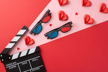 A flat lay of 3D glasses, a clapperboard, and paper hearts creating a romantic movie night theme. Ideal for Valentine's Day or romantic film promotionsの写真素材