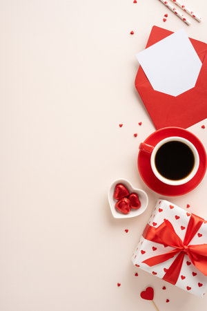A top vertical view of a Valentine's day setup featuring coffee, a gift box, heart chocolates, a red envelope, and scattered hearts creating a romantic atmosphereの写真素材