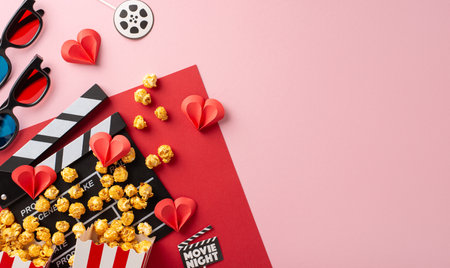 Romantic movie night setting with popcorn, 3D glasses, and heart decorations on a pink background, capturing the essence of Valentine's Dayの写真素材