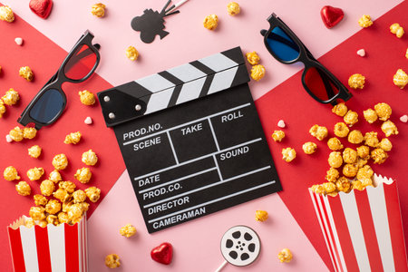 A flat lay featuring 3D glasses, clapperboard, popcorn, and heart-shaped chocolates, creating a cozy Valentine's Day movie night settingの写真素材
