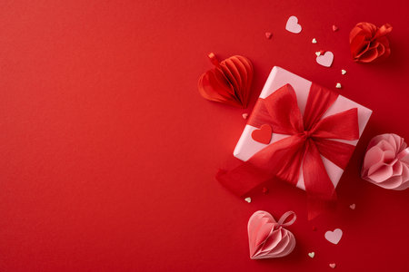 A beautifully wrapped Valentine's Day gift with a red ribbon, heart shapes, and romantic decorations on a red backgroundの写真素材