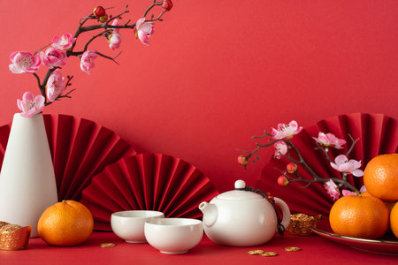 White teapot and sakura blossoms with tangerines on a red background, symbolizing Chinese new year 2025 celebrationの写真素材