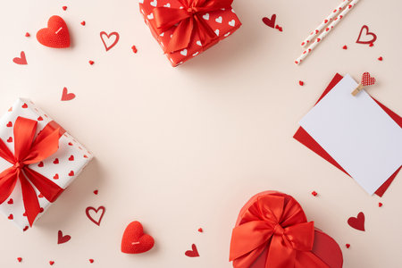Overhead view of Valentine's Day gifts wrapped in red and white with hearts. Includes a blank card for a personal message or love notesの写真素材