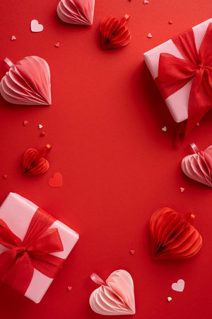 Vertical flat lay of Valentine's Day gifts with red ribbons surrounded by paper hearts on a vibrant red backgroundの写真素材