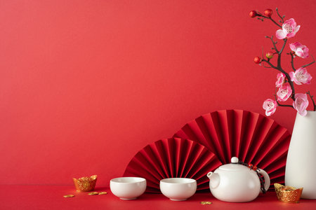 Red paper fan, cherry blossoms, and white teapot create an elegant Chinese New Year scene with cultural symbolism and festive spiritの写真素材