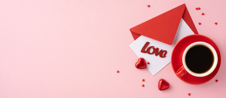 Top view of a red cup of coffee and love themed letter on pink background with heart decorations. Perfect for Valentine's Day celebration and romantic momentsの写真素材