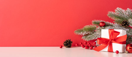 A beautifully wrapped gift with a red bow sits next to evergreen branches, red berries, and pinecones on a vibrant red backdrop. Perfect for capturing holiday cheer and festive celebrationsの写真素材