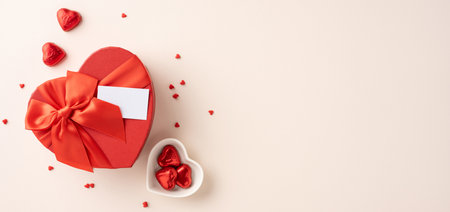 Heart-shaped gift box with a red ribbon and a blank card, alongside small chocolates and hearts on a light backgroundの写真素材