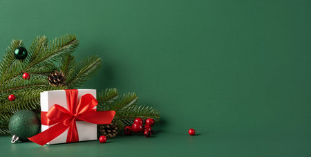A beautifully wrapped Christmas gift with a red bow sits among pine branches, red berries, and ornaments, capturing the essence of holiday spirit and winter celebrationsの写真素材