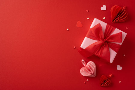 A beautifully wrapped gift box with a red ribbon surrounded by paper hearts on a red background, symbolizing love and romanceの写真素材