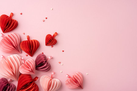 A collection of red and pink paper hearts on a soft pink background, conveying love and romance, ideal for Valentine's Day.の写真素材