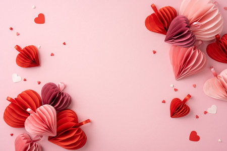 Heart-shaped paper decorations on a soft pink background create a romantic and festive atmosphere, perfect for Valentine's Dayの写真素材