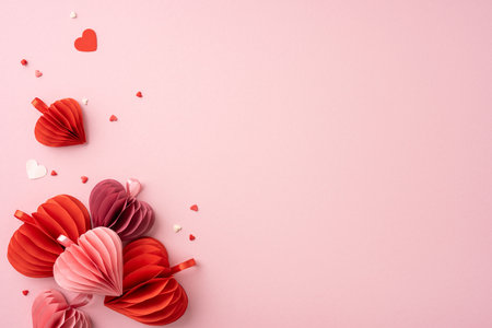 A charming arrangement of red paper hearts and small confetti on a soft pink background, creating a romantic and delicate atmosphere suitable for Valentine's Dayの写真素材