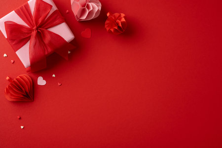 Romantic Valentine's Day gift wrapped in a red ribbon on a red background with paper hearts and small decorationsの写真素材