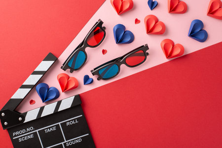 Valentine's Day concept featuring movie clapperboard, 3D glasses, and red and blue paper hearts, symbolizing love and cinema togetherの写真素材