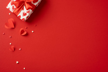 Image of a red-themed Valentine's Day gift with heart decorations. Ideal for love, romance, and holiday designs. Perfect for Valentine's Day celebrations and romantic gesturesの写真素材