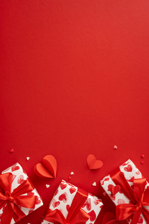 A vertical beautiful arrangement of Valentine's Day presents wrapped in heart-patterned paper and red ribbons, surrounded by small heart decorations on a red backgroundの写真素材