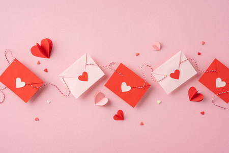 A romantic arrangement of red and white envelopes with heart-shaped decorations on a pink background, symbolizing Valentine's Dayの写真素材