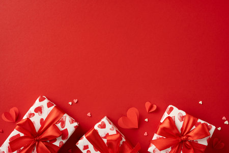A collection of Valentine's Day presents wrapped in red ribbon, surrounded by heart-shaped decorations on a vibrant red background, conveying love and celebrationの写真素材